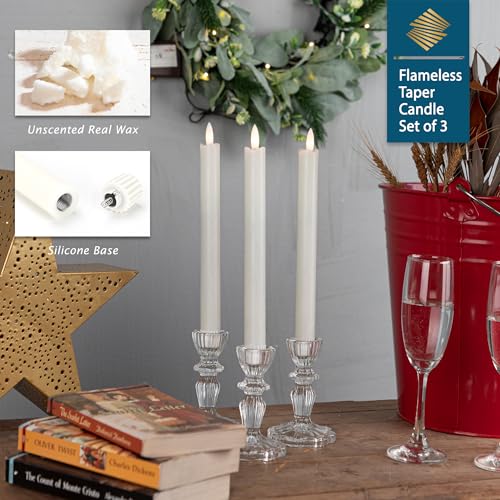 Flameless Taper Candles with Remote, Real Wax Battery Operated LED Candles Set with 3D Flickering Flame, 9.6 Realistic Dripless Candlesticks for Wedding Home Decor, 3 Pack White